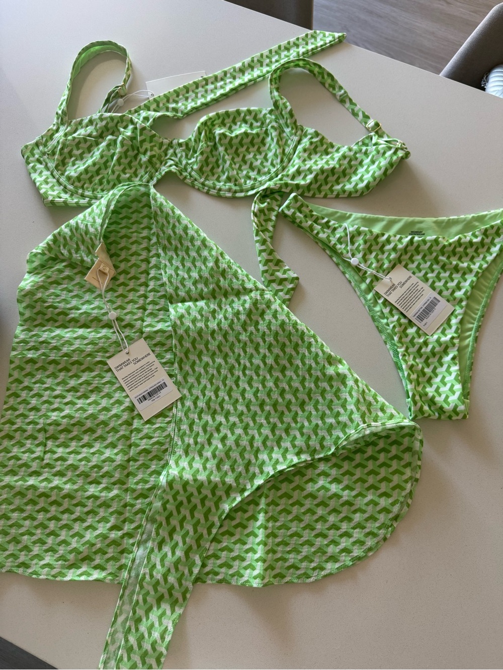 Monday Swimwear Green Geo Bikini Set with Sarong - Picture 1 of 6